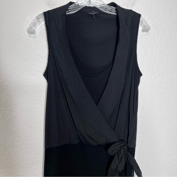 Theory Dress Women Size 6 Faux Wrap Black Front Tie Silk Blend Layered Sheath  J - Picture 2 of 8